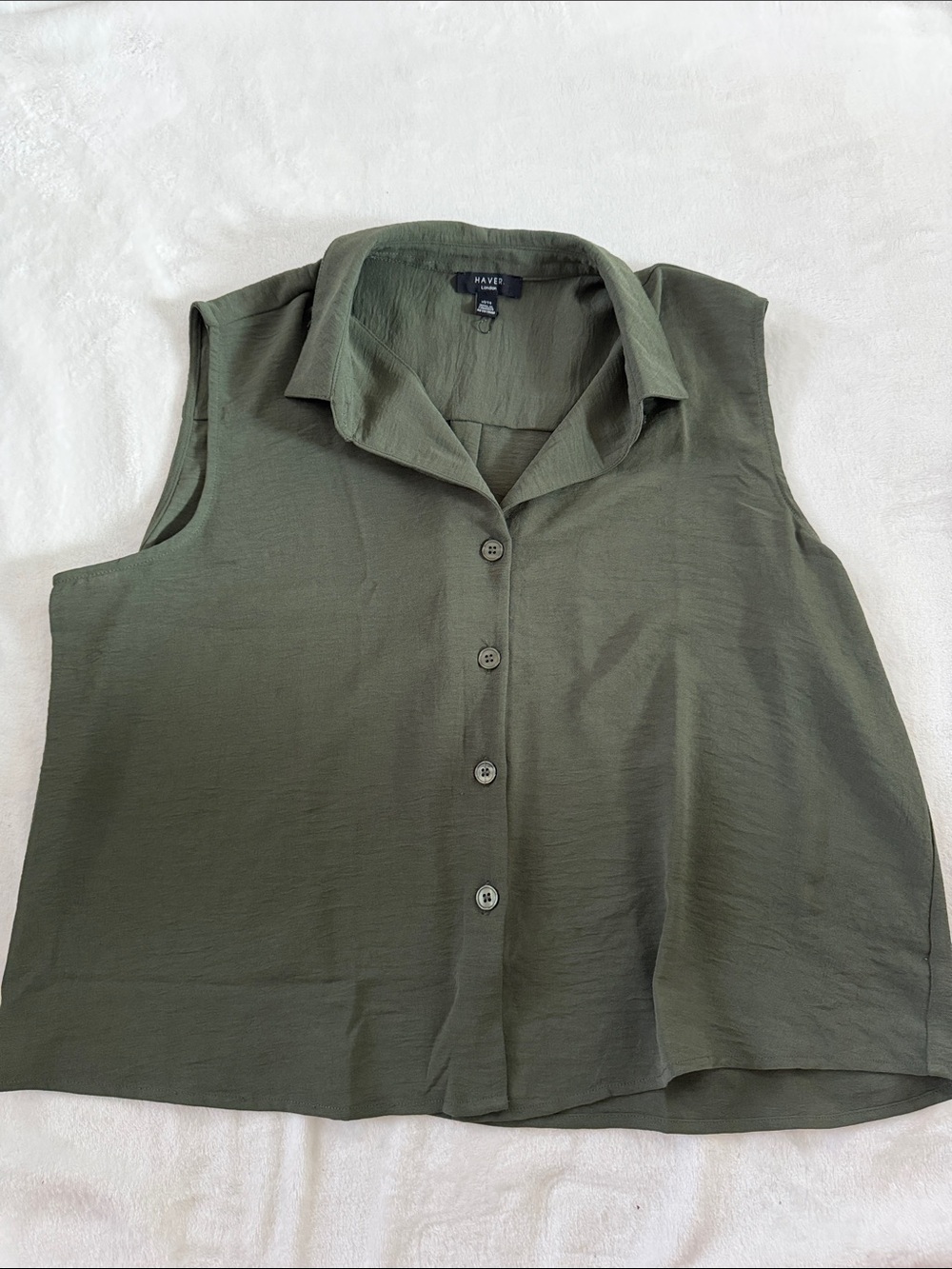 Have Olive Green Sleeveless Button-Front Collared Top